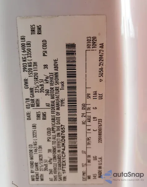 2018 Ford F150 Super Cab z USA, uszkodzony, nr VIN 1FTEX1CP4JKD87657